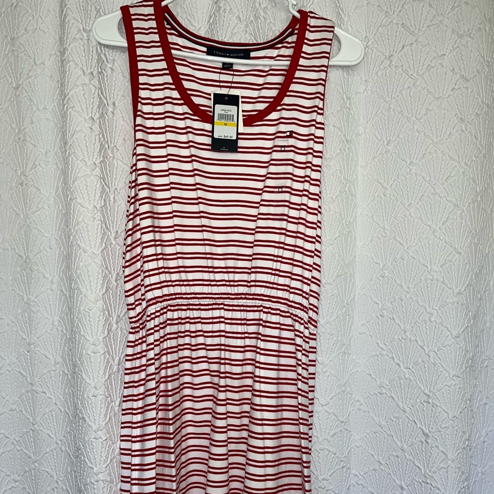 Tommy Hilfiger Dresses | Sleeveless Scoop Neck -White Striped Knit Short, Red,
